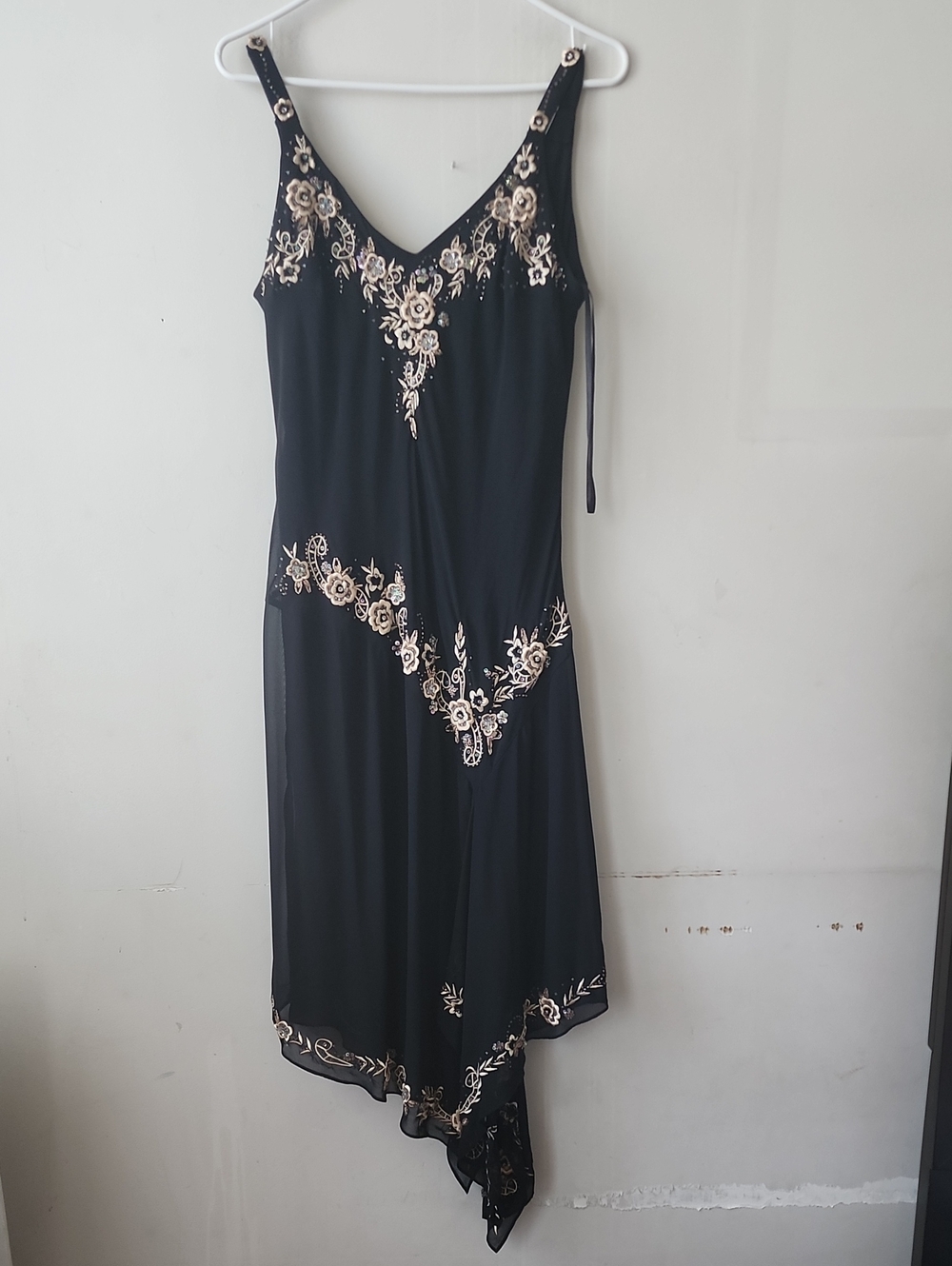 R&M Richards Black Slip Dress with Cream Floral Embroidery